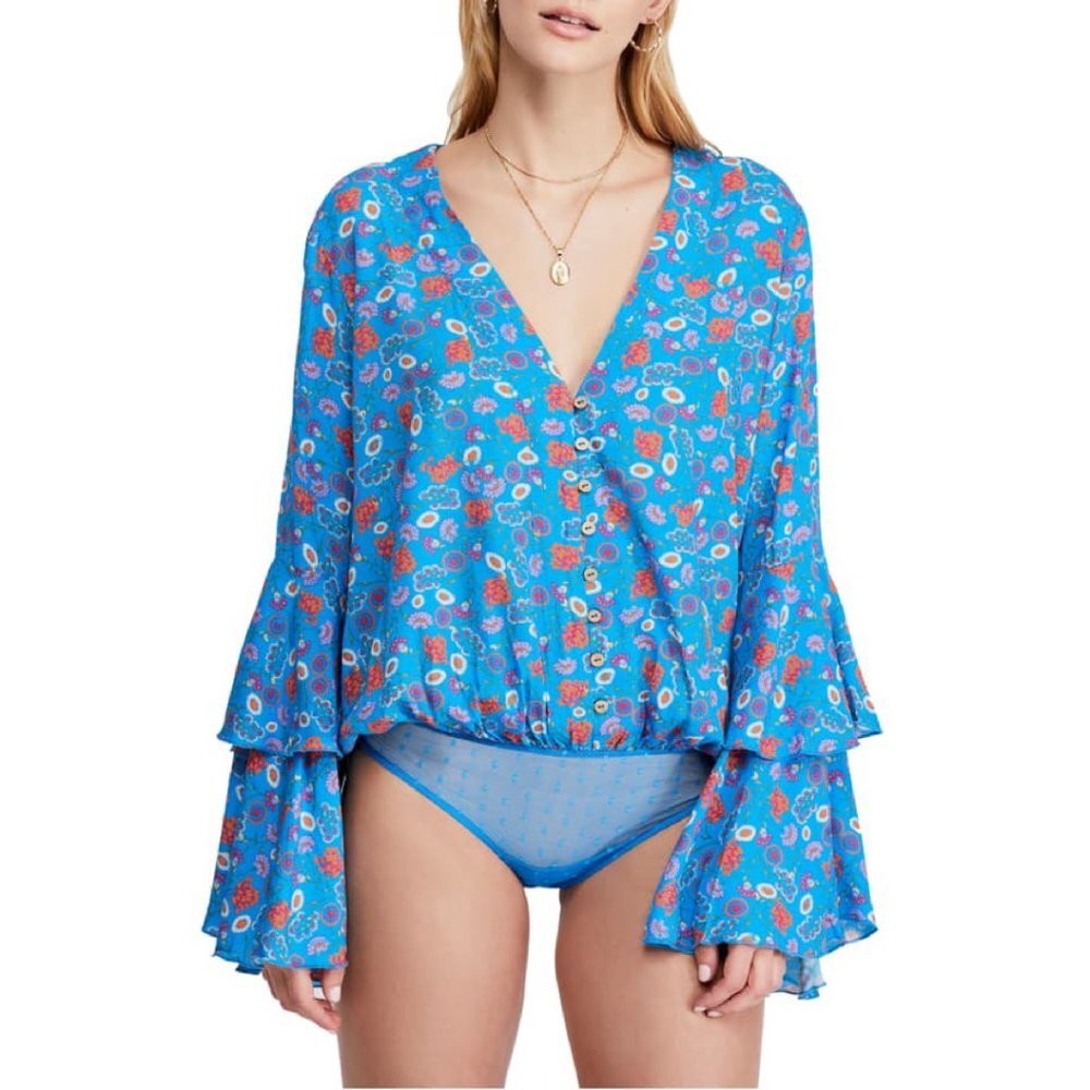 NEW Free People Blue Floral Bell Sleeve Bodysuit Size Small (S)